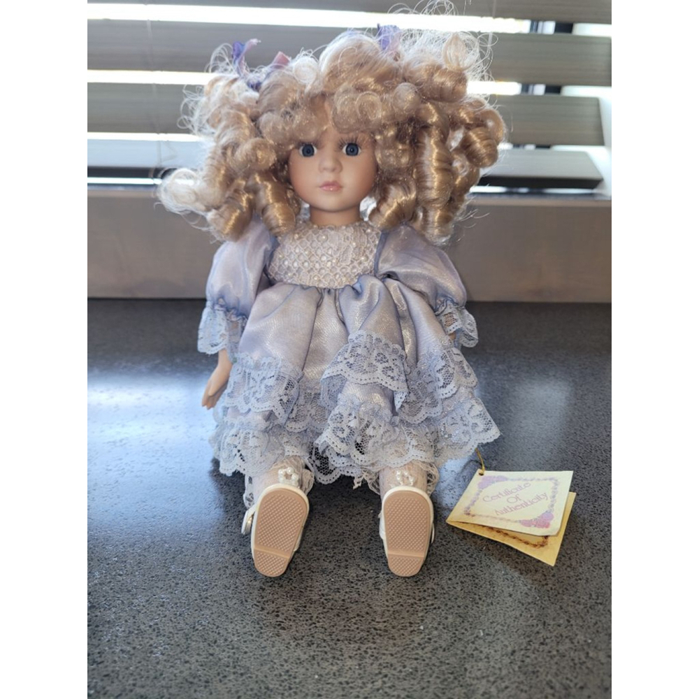 Collectors Choice Porcelain Doll Blonde Curls Lavender Dress Music Box COA